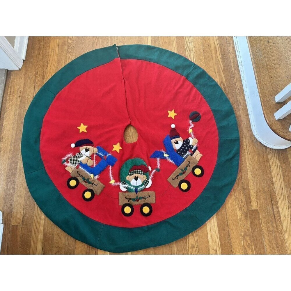 Vintage Santas Best Christmas Tree Skirt Teddy Bears Train